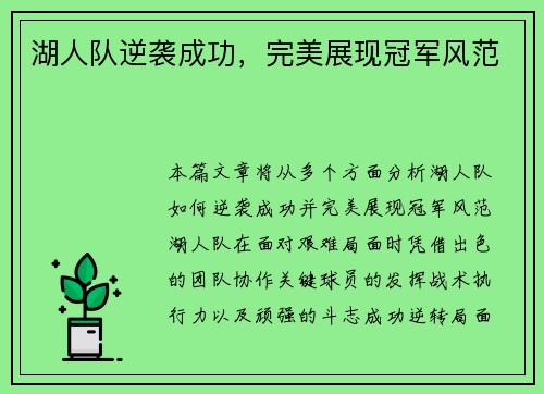 湖人队逆袭成功，完美展现冠军风范